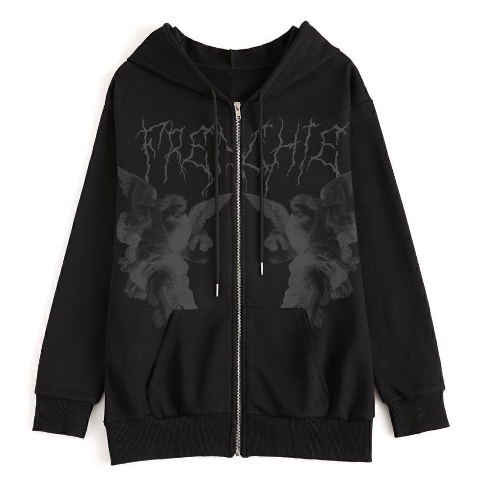 Emmiol Black Cherub Print Zipper Hoodie. Size Medium.  EUC!